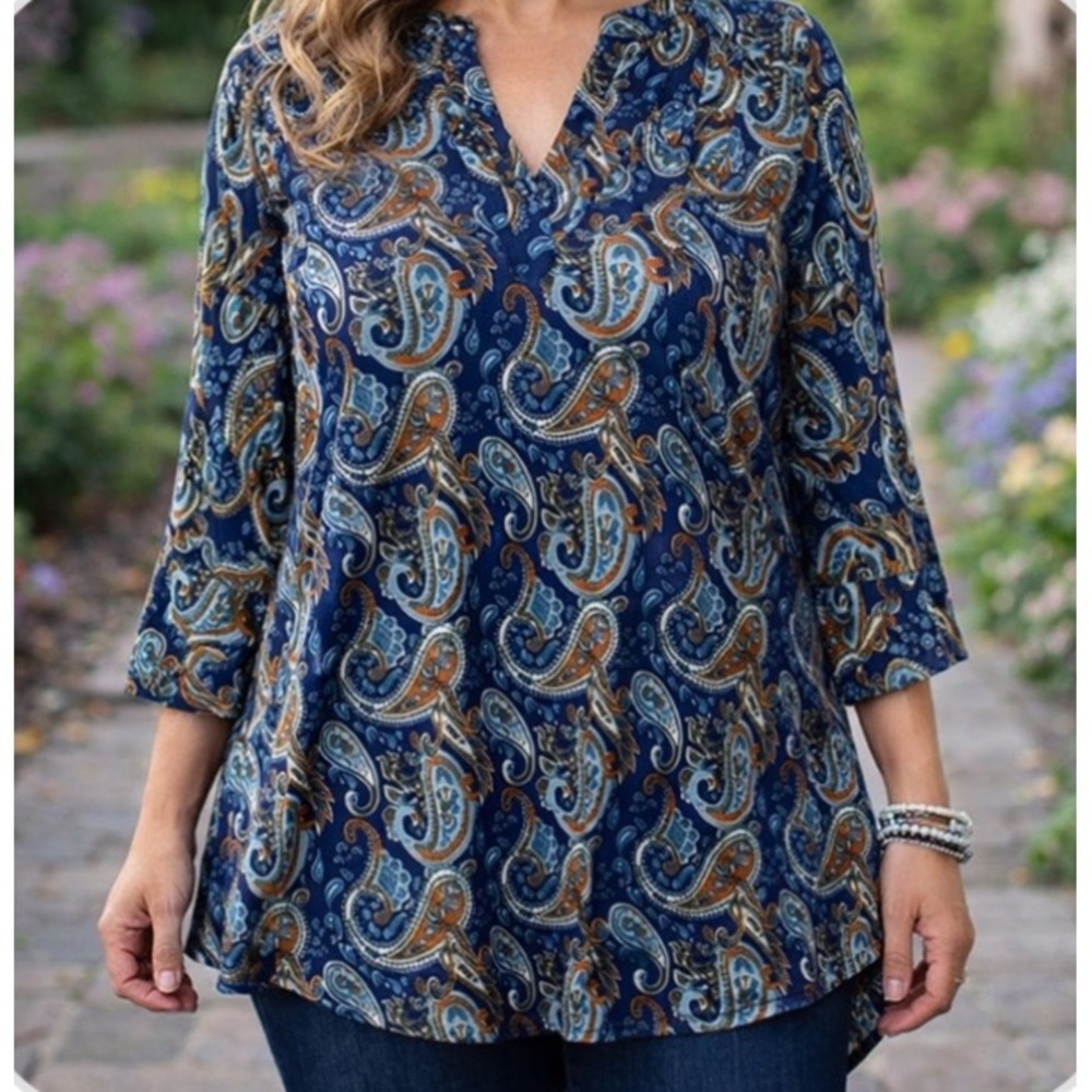 Women's Paisley Print Split V Neck 3/4 Sleeve Tunic Top Women's 1X